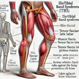 Iliotibial band syndrome, ITBS, illustration of thigh muscles, tendons, and ligaments showing common areas of pain and inflammation related to iliotibial band syndrome.