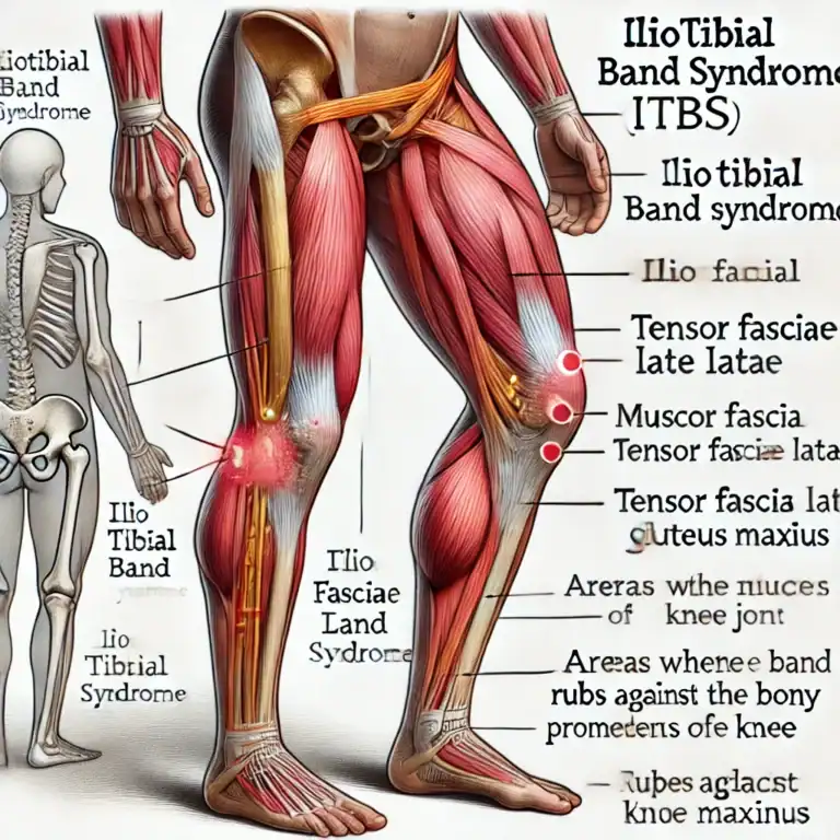 Iliotibial band syndrome, ITBS, illustration of thigh muscles, tendons, and ligaments showing common areas of pain and inflammation related to iliotibial band syndrome.