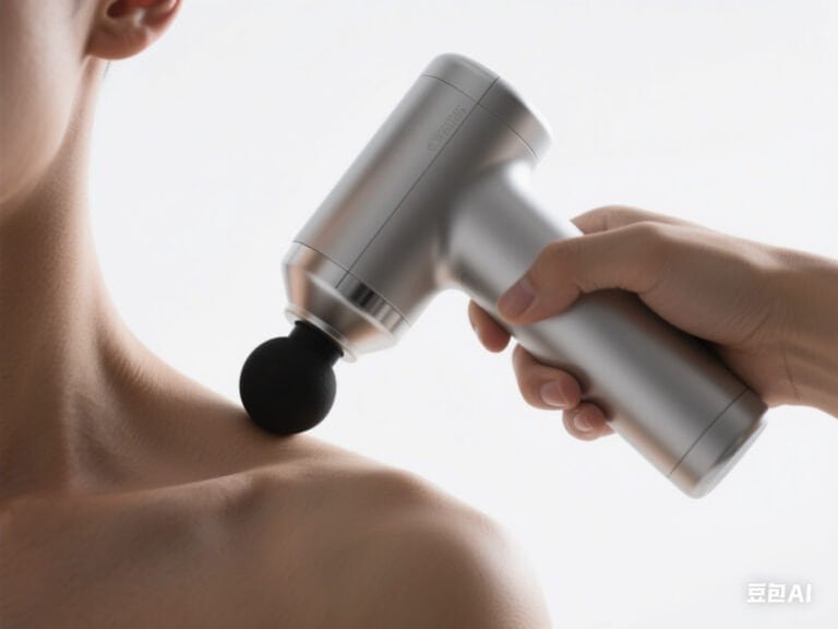 High-tech massage gun used for sports rehabilitation and muscle recovery, featuring a sleek silver design and ergonomic handle for targeted therapy.