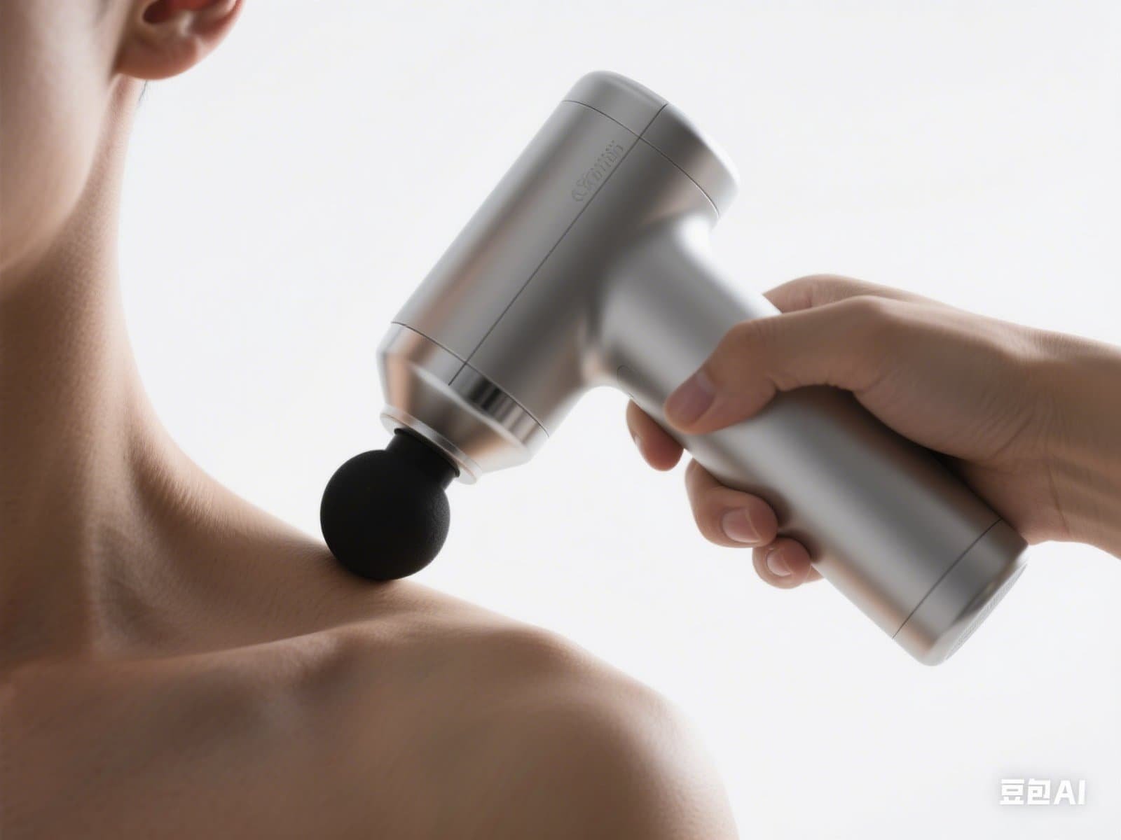 High-tech massage gun used for sports rehabilitation and muscle recovery, featuring a sleek silver design and ergonomic handle for targeted therapy.