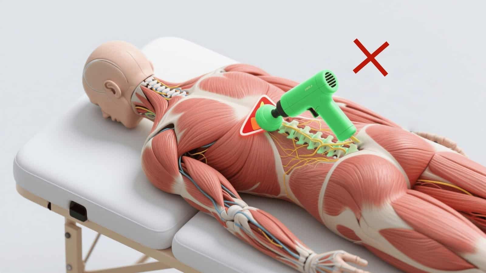 Cold laser therapy device applied to a human anatomical model on a therapy table.
