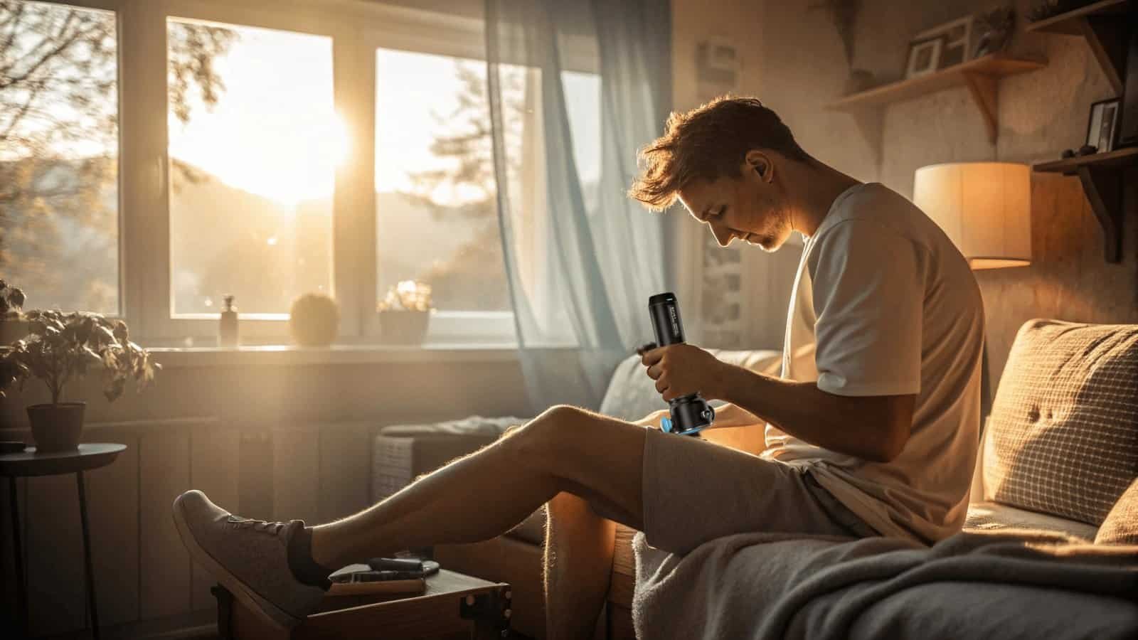 Knee massage gun for muscle recovery at home, ergonomic design, portable and cordless, ideal for sports rehabilitation and pain relief.