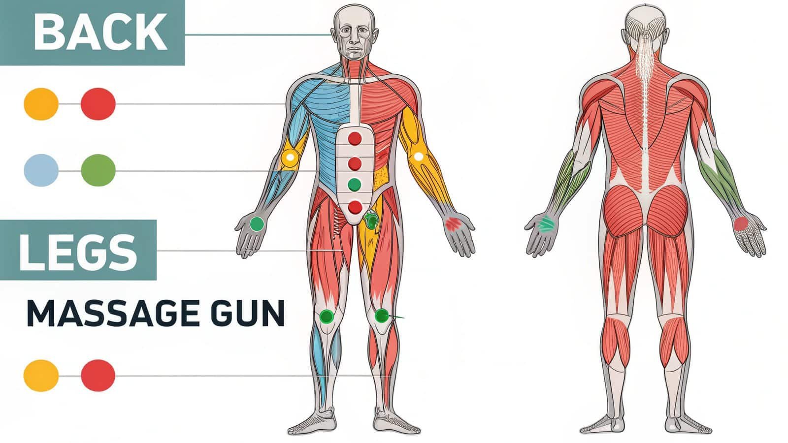Back and leg muscles highlighted in an anatomical diagram for sports rehabilitation and massage therapy. The image shows muscle groups, acupoints, and massage zones for effective treatment.