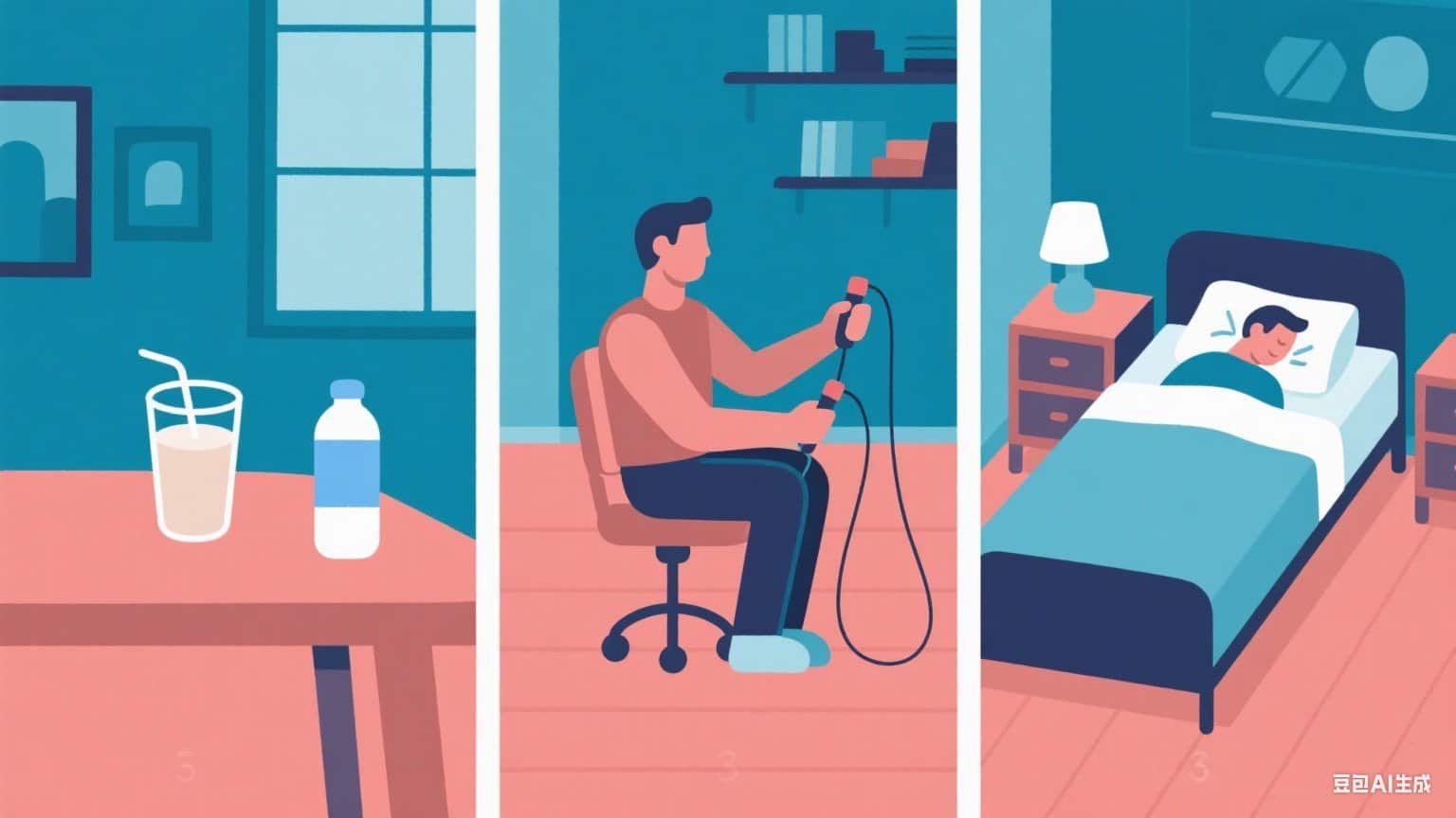 Hydrating beverage with straw and water bottle, person performing physical therapy exercises with resistance bands, and a person resting in bed, illustrating comprehensive sports rehabilitation and recovery.