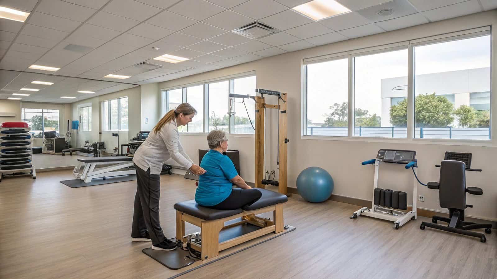 Rehabilitation therapy session with an elderly woman on a therapy table at a modern sports rehabilitation facility. The room is well-lit with exercise equipment and large windows.