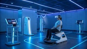 High-tech sports rehabilitation equipment room with advanced machines and a woman using a virtual reality bike system for recovery and therapy in a futuristic setting.