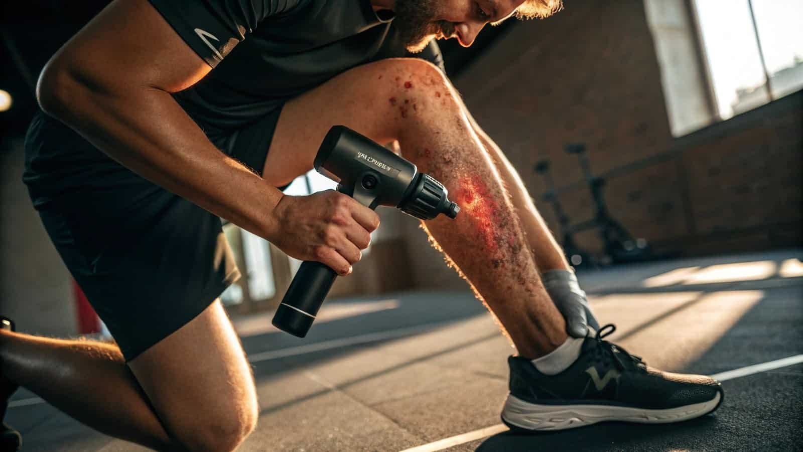 Deep tissue massage gun used on athlete's injured leg with visible skin inflammation, in a gym setting for sports rehabilitation and injury recovery.
