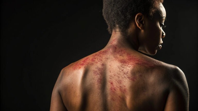 Inflamed skin rash on a woman's back, highlighting a skin condition or allergic reaction, with a dark background for contrast.