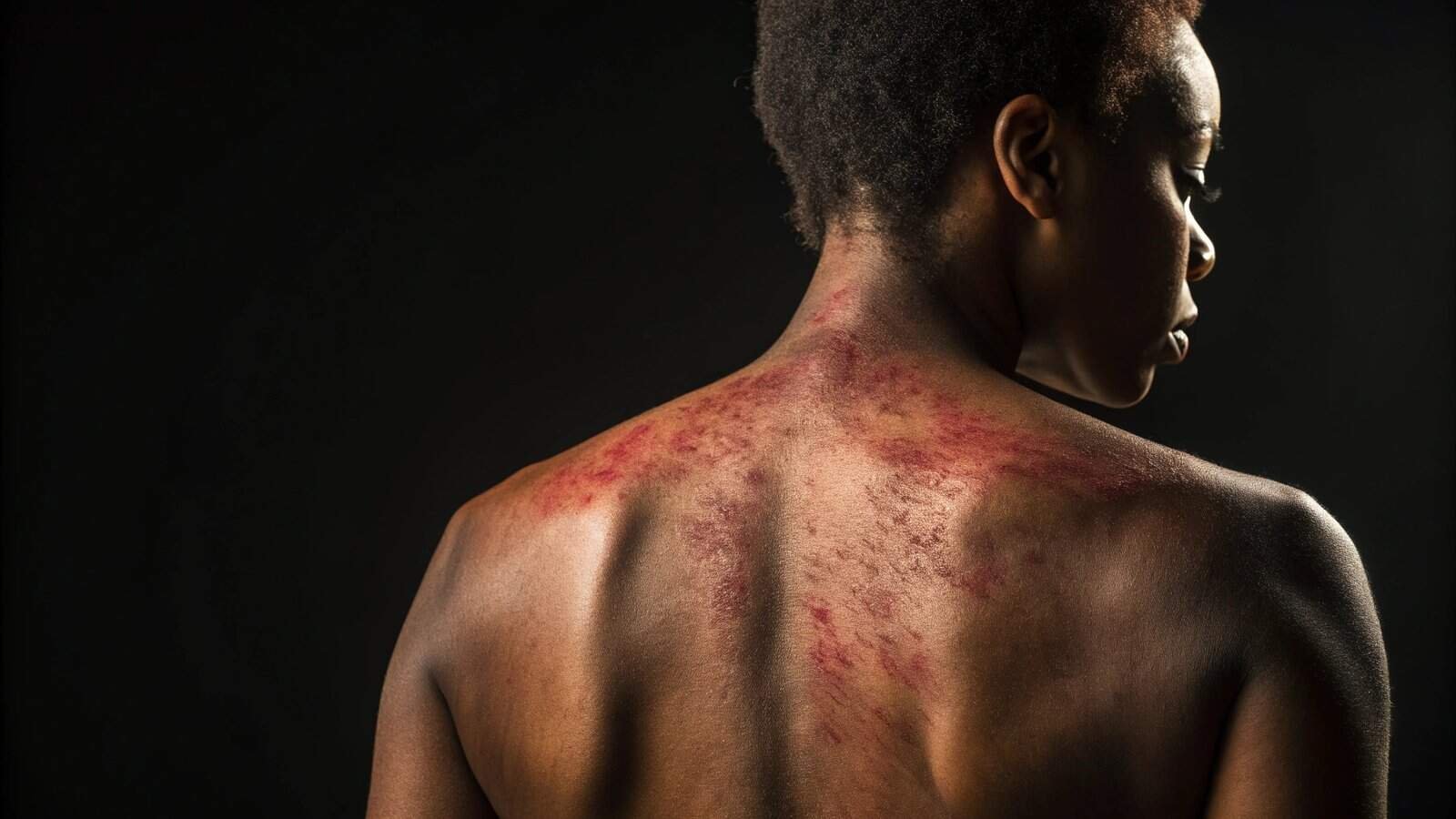 Inflamed skin rash on a woman's back, highlighting a skin condition or allergic reaction, with a dark background for contrast.
