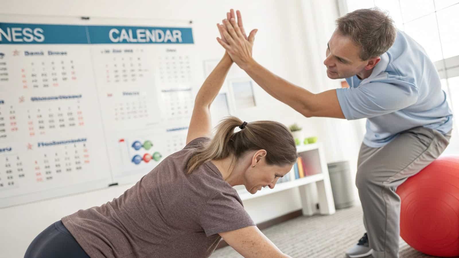 High-quality physiotherapy session with a professional trainer assisting a woman during her sports rehabilitation exercise in a clinical setting.