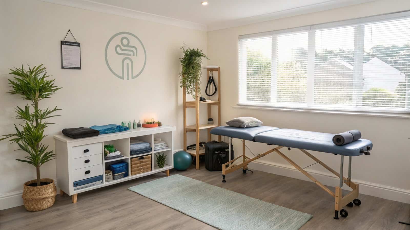 Comfortable physical therapy room with a massage table, exercise equipment, and natural lighting, optimized for sports rehabilitation and physiotherapy treatments.