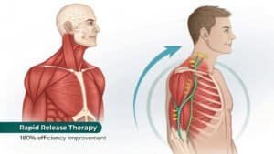 Muscle anatomy illustration showing therapeutic techniques for rapid muscle release and improved efficiency, featuring detailed view of muscles, nerves, and fascia in the neck and upper back, emphasizing sports rehabilitation.
