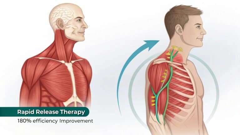 Muscle anatomy illustration showing therapeutic techniques for rapid muscle release and improved efficiency, featuring detailed view of muscles, nerves, and fascia in the neck and upper back, emphasizing sports rehabilitation.