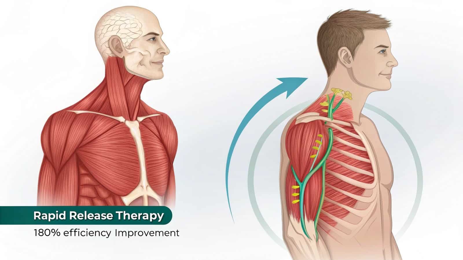 Muscle anatomy illustration showing therapeutic techniques for rapid muscle release and improved efficiency, featuring detailed view of muscles, nerves, and fascia in the neck and upper back, emphasizing sports rehabilitation.