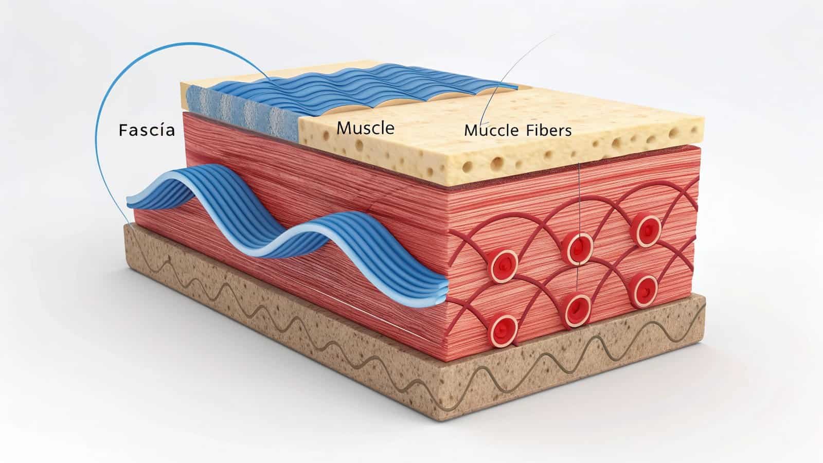 Flexible muscle and fascia layer with embedded fibers showing anatomical structure for sports rehabilitation.