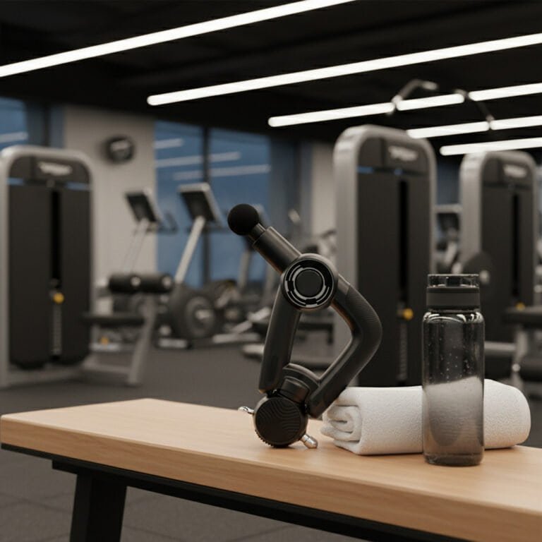 TheraGun percussive massage device on a wooden table with gym equipment in the background, promoting sports rehabilitation and physical therapy.