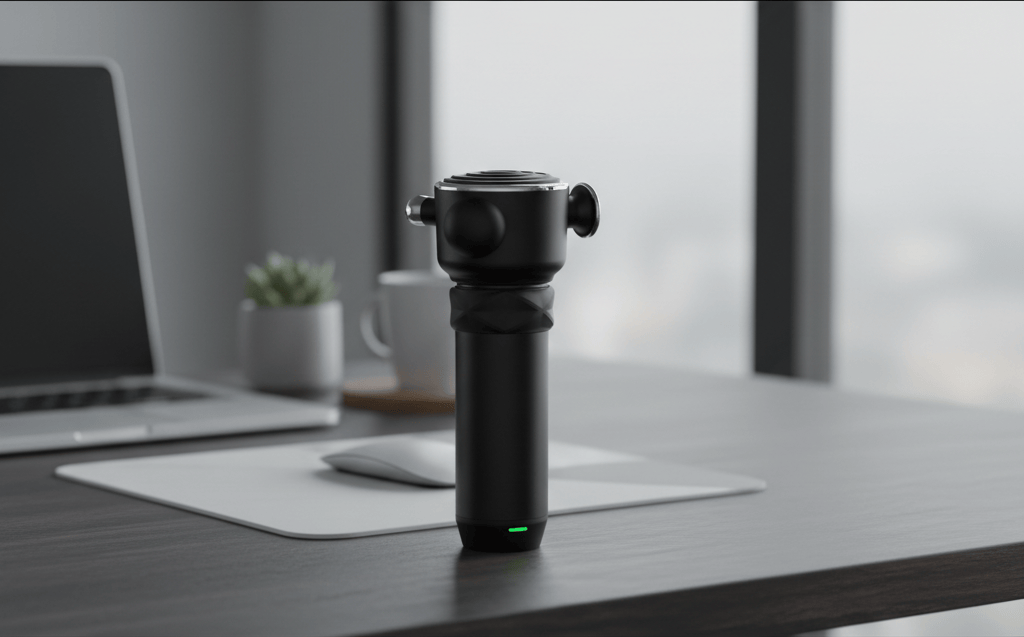 Employee using high-frequency recovery device at office desk for workplace wellness program